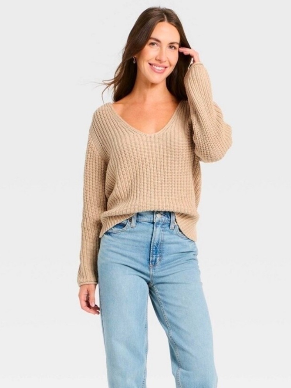 Classic Wide V-Neck Pullover Sweater - Universal Thread Oatmeal -NWT